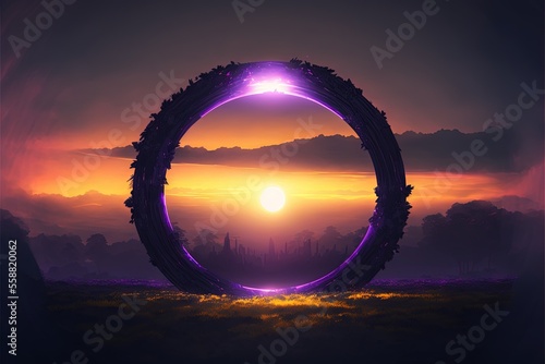  a purple circle with a sunset in the background and a building in the middle of the circle with a purple light in the middle of the circle, and a purple circl Generative AI photo