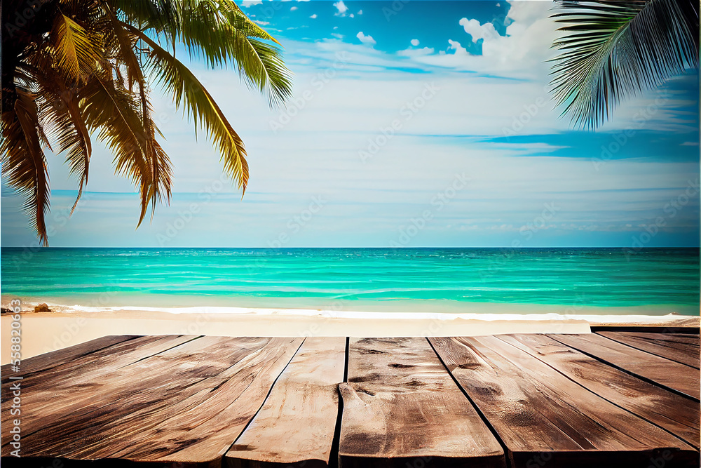 Beach background with wooden board, palm trees and the sea ideal for product placement with lots of copy space, generative AI