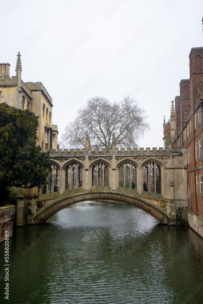 Bridge of Sighs , Stone Bridge at at St John's College around University of Cambridge during winter snow at Cambridge , United Kingdom : 3 March 2018