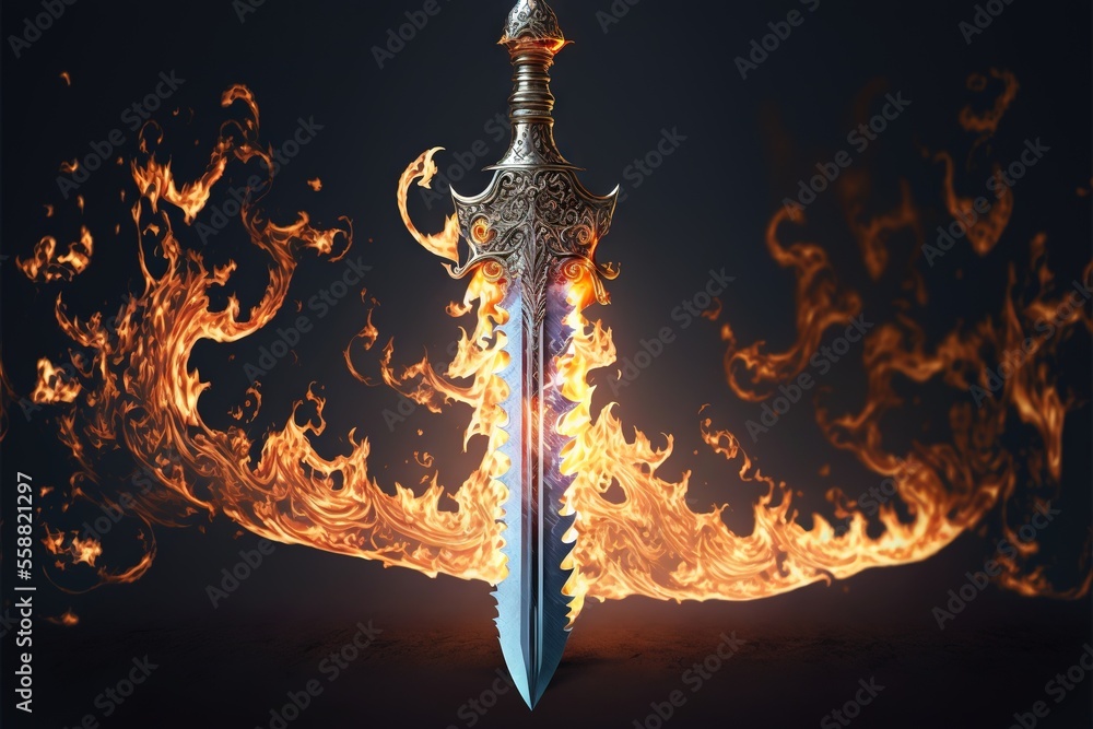 a sword with flames on a black background with a black background and a ...