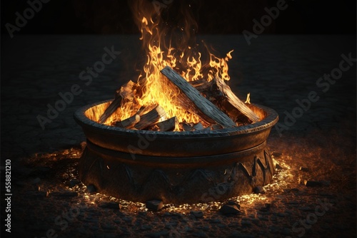 Vászonkép a fire pit with flames burning in it on a dark surface with a black background and a black background with a white border around the fire pit and a few pieces of wood on the