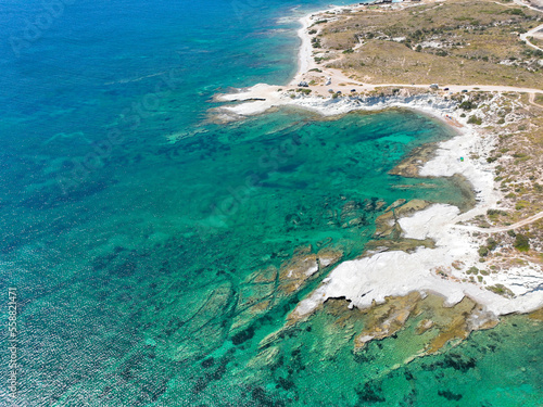 Alacati Beach in Cesme Town, Delikli koy aerial view with drone