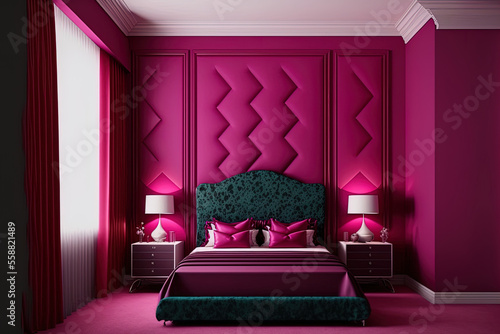 The popular hue of 2023 in the luxurious  wealthy bedroom is viva magenta. Mockup wall with red  burgundy  and crimson colored furniture. contemporary interior room design. emphasize modern style