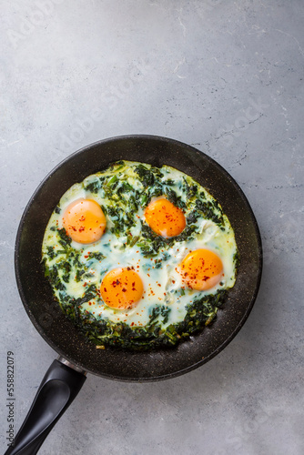 Turkish Food Spinach with Egg. Turkish name; ispanakli yumurta