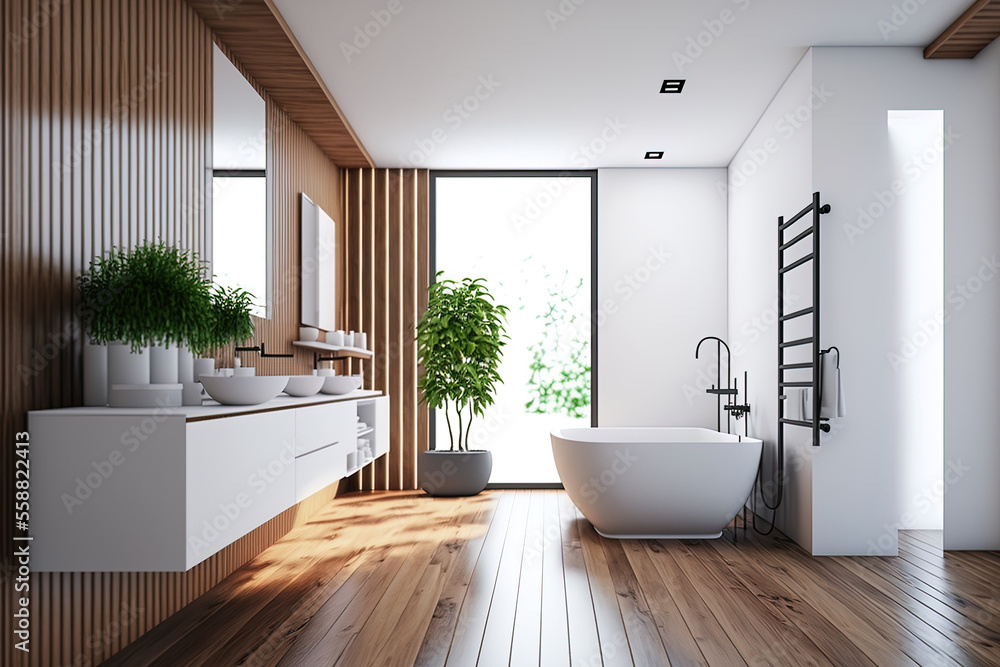 Front view of a wooden bathroom with a white bathtub and shower. Modern hardwood parquet bathroom with a minimalistic design, no people. Generative AI Front view of a wooden bathroom with a white bathtub and shower. Modern hardwood parquet bathroom with a minimalistic design, no people. Generative AI