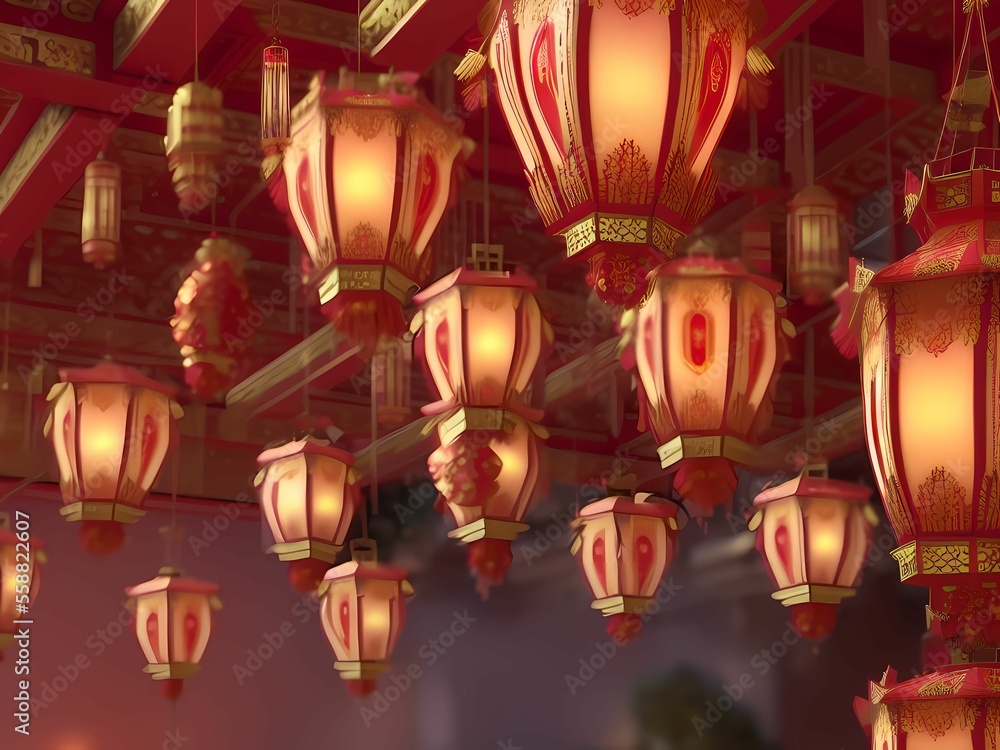 Beautiful red glowing Chinese lanterns in the town done with Generative AI Beautiful red glowing Chinese lanterns in the town done with Generative AI