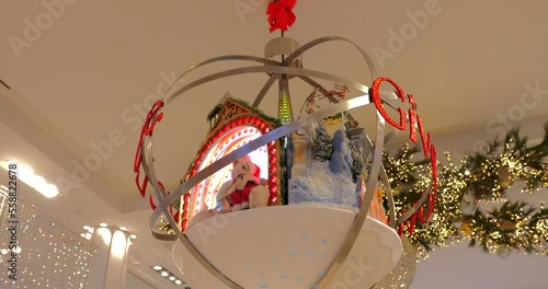 Holiday Decoration Hanging From The Ceiling Inside Macy's Department Store In New York City, New York During Christmas Season. closeup, low angle
