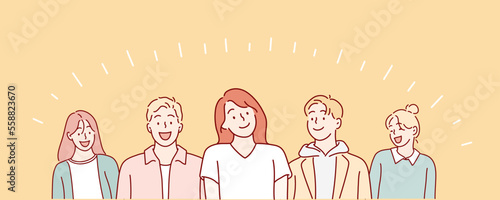 Happy positive people, group. Hand-drawn style vector design illustrations.