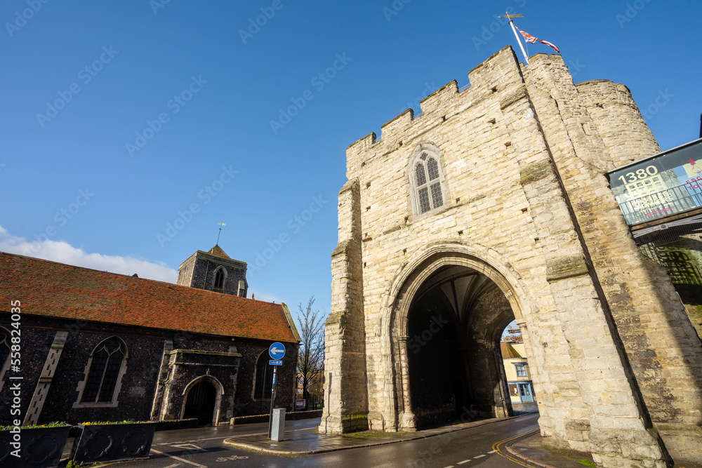 Westgate Towers and Museum in Canterbury , medieval gate in old towns streets during winter at Canterbury , United Kingdom : 4 March 2018