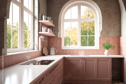 A corner view of a kitchen interior with rosy walls, arch windows, stone and wooden accents, a sink opposite the stove, and a double sided cabinet with an open shelf. Generative AI