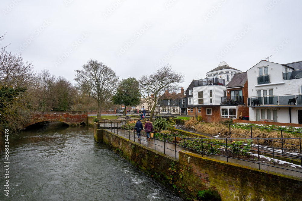 Beautiful view around Westgate Garden and Great Stour River in Canterbury near Westgate Towers and Museum during winter in Canterbury , United Kingdom : 4 March 2018 Beautiful view around Westgate Garden and Great Stour River in Canterbury near Westgate Towers and Museum during winter in Canterbury , United Kingdom : 4 March 2018