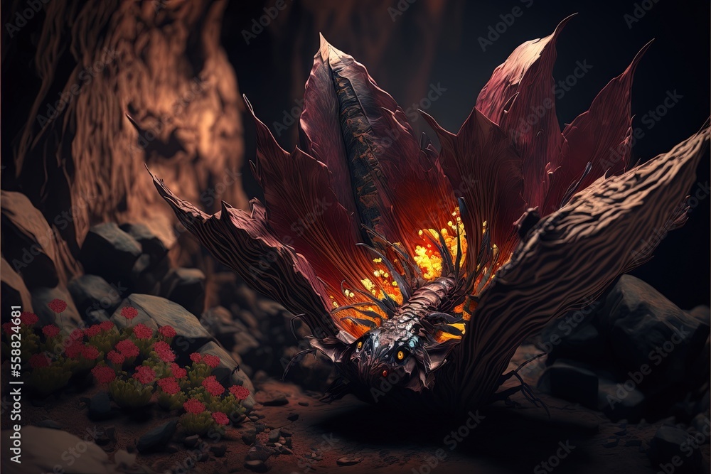 a strange looking creature with a fire on its face and a body of water ...