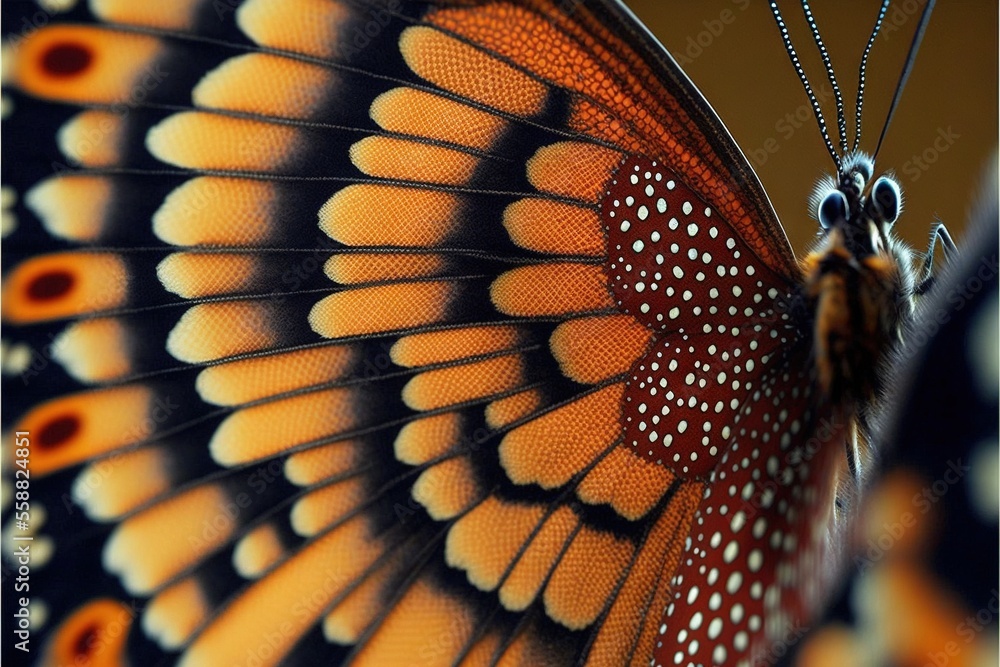 a close up of a butterfly with orange and black wings and spots on its ...