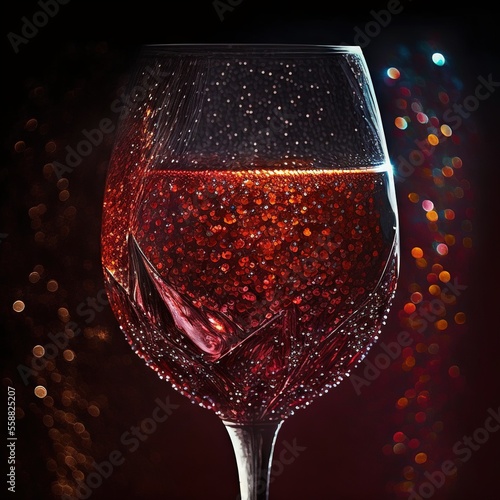  a glass of wine with a lot of bubbles in it on a table top with a blurry background of lights and a sparkley light behind it is a wine glass with a red. Generative AI photo