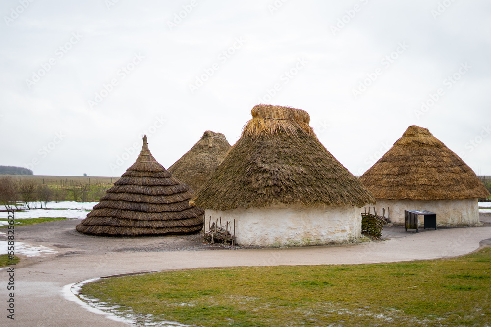 Stonehenge , Visitor Centre and nearby world wonder historic stone monuments during winter cloudy day at Salisbury , United Kingdom : 5 March 2018 Stonehenge , Visitor Centre and nearby world wonder historic stone monuments during winter cloudy day at Salisbury , United Kingdom : 5 March 2018