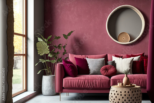 2023 viva magenta trend living room color. A vibrant couch accent. Background of plaster microcement wall. Burgundy and crimson colors are used in the room's decor. Textured stucco in beige taupe photo