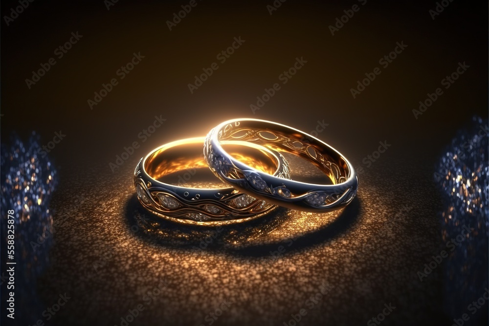 Φωτογραφία two wedding rings sitting on a table with a light shining on them and a black background with a gold border around them and a blue ring on the top of the other side of the