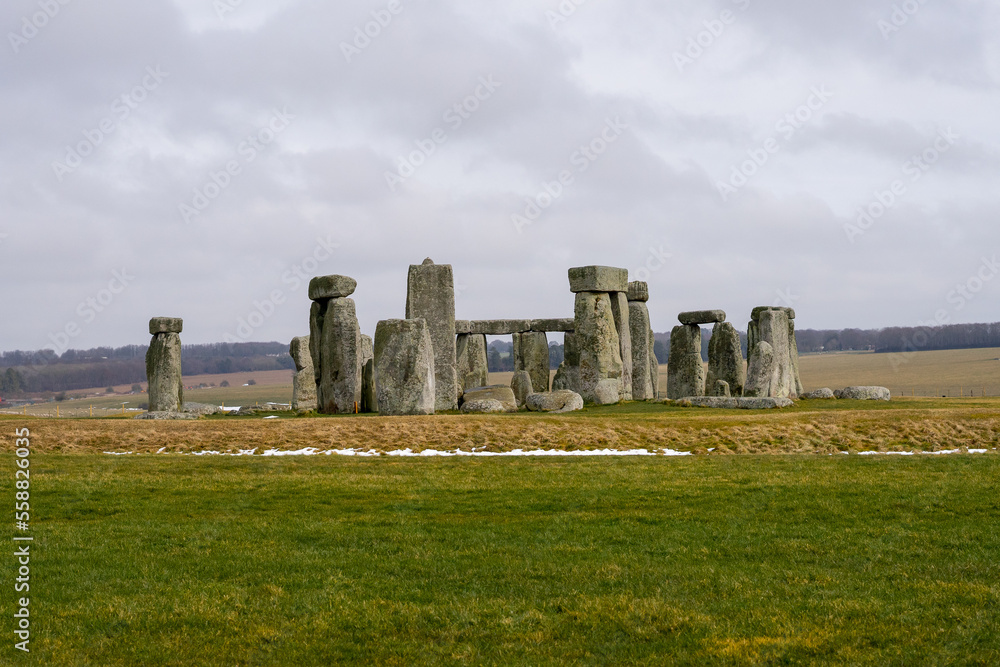 Stonehenge , World wonder historic stone monuments near Salisbury during winter cloudy day at Salisbury , United Kingdom : 5 March 2018