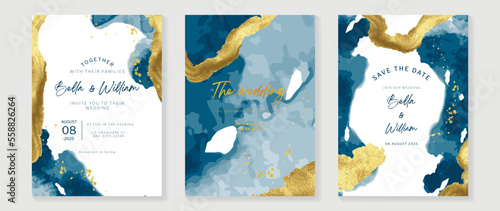 Luxury wedding invitation card background vector. Elegant golden streak texture template with watercolor abstract shape background. Design illustration for wedding and vip cover template, banner.