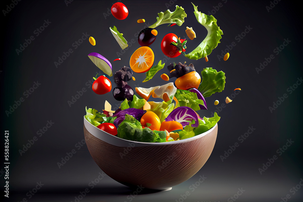 Fresh mixed vegetables falling into a bowl of salad Fresh mixed vegetables falling into a bowl of salad