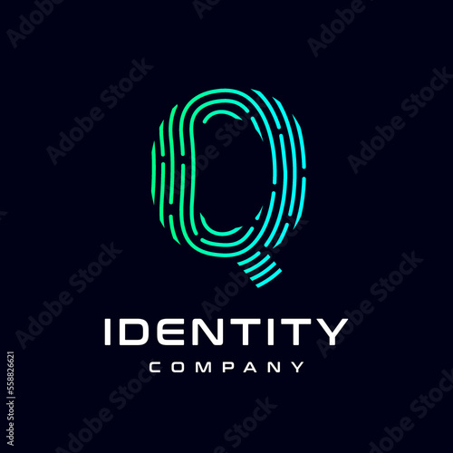 Fingerprint Q letter vector template logo. Design with gradient and technology. This graphic is suitable for identification, security, protection and business.