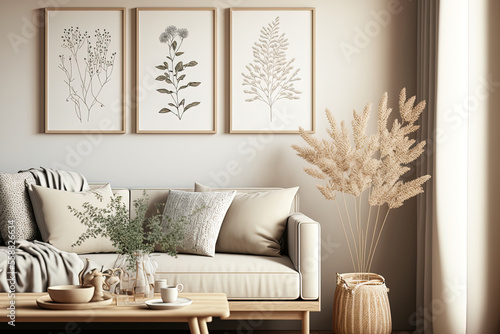 Interior of a beige living room decorated in a Scandinavian farmhouse style with natural wood furnishings. Wall background mockup. illustration. Generative AI