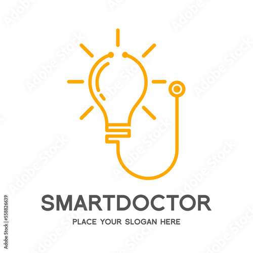 Smart doctor vector logo template. This design for medical check up with bulb lamp symbol. Graphic suitable for medical business.