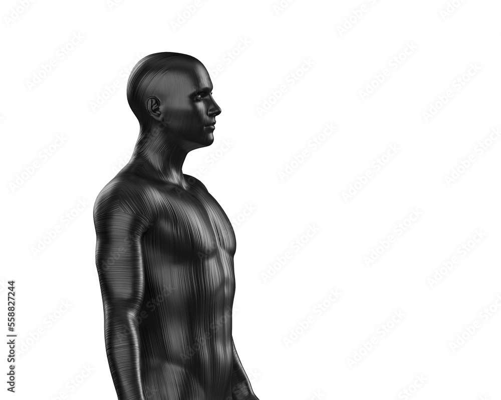 3D illustration of a male black torso on a white background. metal mannequin. 3D illustration of a male black torso on a white background. metal mannequin.