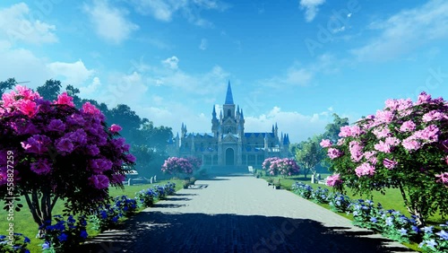 Royal castle in the park with blooming rose bushes