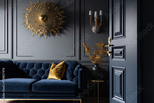 Interior of a living room in a copy space with a dark blue sofa, a gray armchair, and gold accessories. Actual image. Generative AI