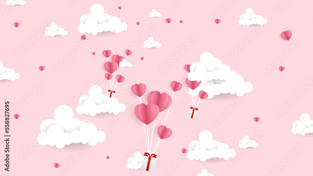 Happy Valentine's Day background with gift hearts and cloud with paper cut style on pink background ,for February 14, Vector illustration EPS 10 Happy Valentine's Day background with gift hearts and cloud with paper cut style on pink background ,for February 14, Vector illustration EPS 10