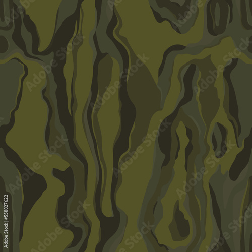 Abstract jungle camouflage seamless dark khaki green pattern. Camo background, curved wavy stripped. Military print for design, wallpaper, textile. Vector illustration 