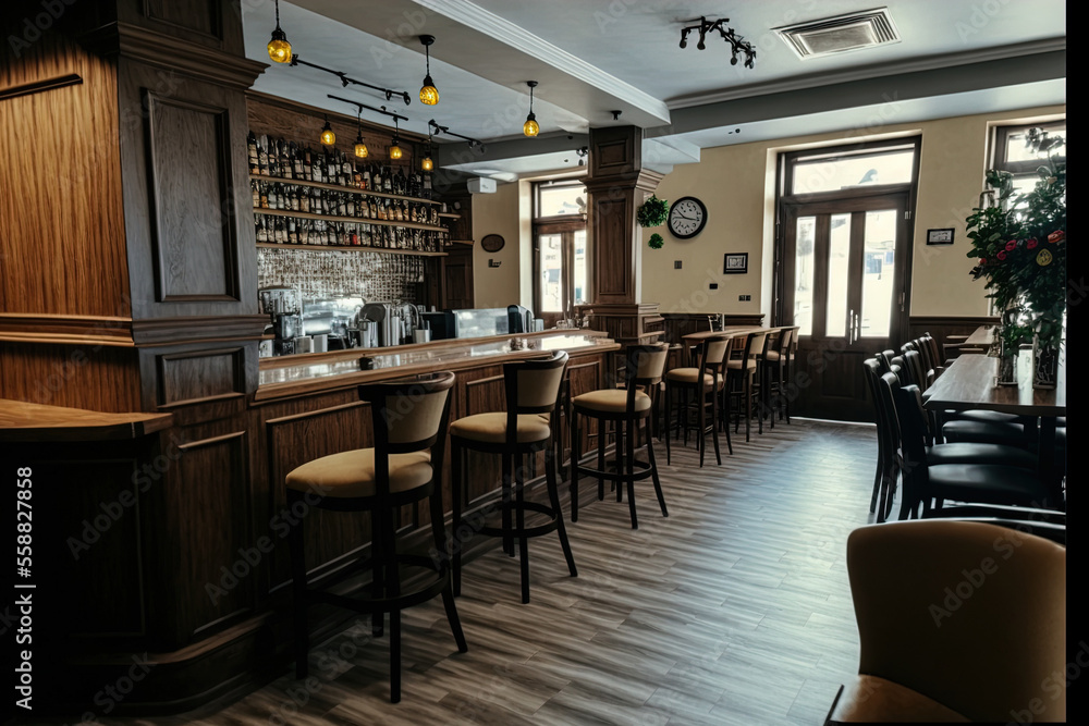 Saratov, Russia July 11, 2018 A bar stand can be seen on the left side of the image, along with the inside of a restaurant with dark chairs and tables lit by lights. Generative AI