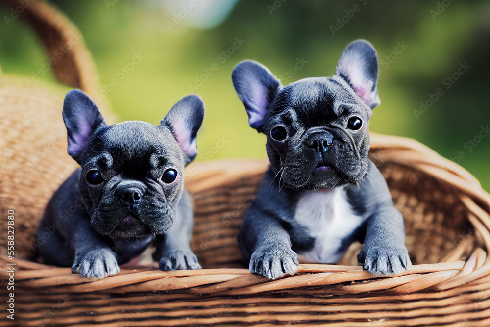 two cute french bulldog puppies in a wicker basket on the green grass in the park, generative AI