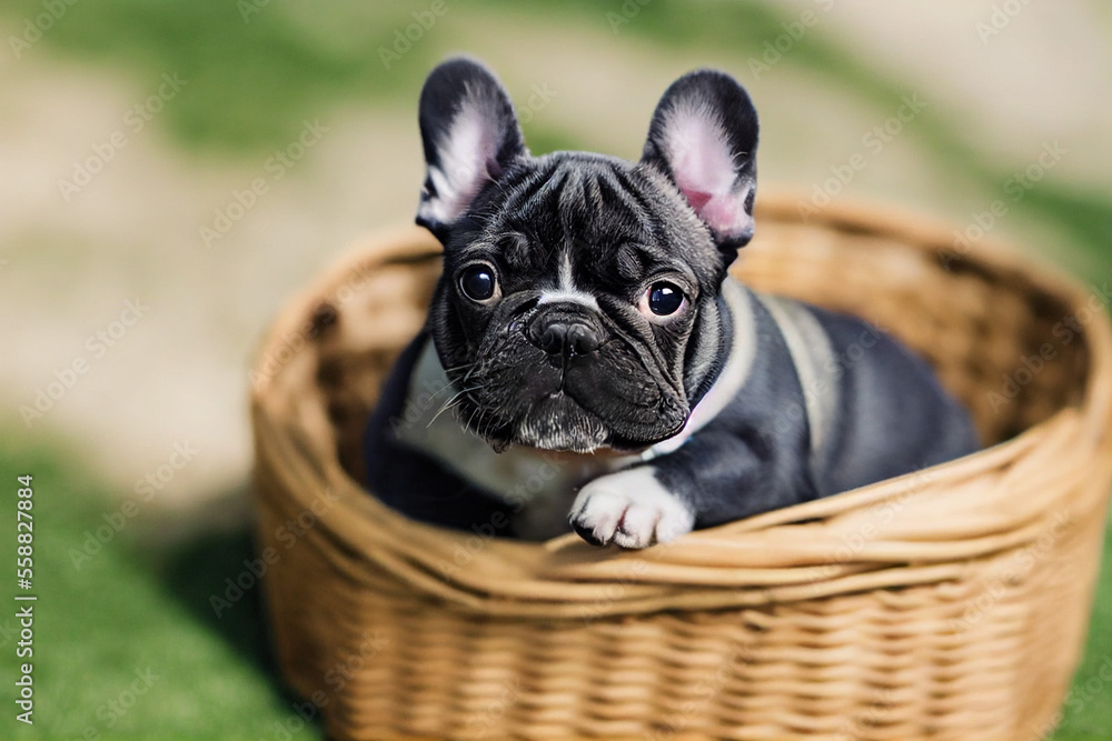 cute french bulldog puppy in a wicker basket on the green grass in the park, generative AI