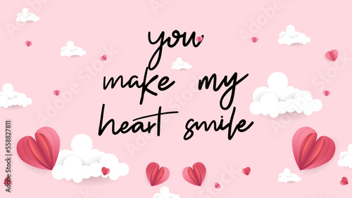 Happy Valentine's Day Background with you make my heart smile calligraphy handwritten on pink background ,for February 14, Vector illustration EPS 10