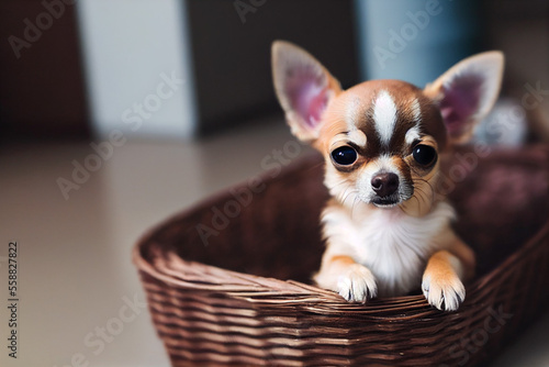 cute chihuahua puppy in a wicker basket  generative AI