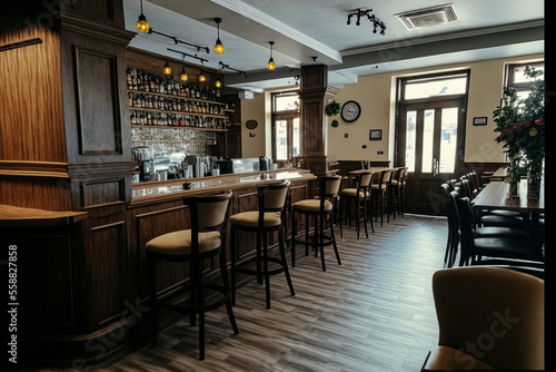 Saratov, Russia July 11, 2018 A bar stand can be seen on the left side of the image, along with the inside of a restaurant with dark chairs and tables lit by lights. Generative AI