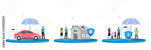 Insurance illustration set. Insurance policy with full coverage and protection. Vector illustration