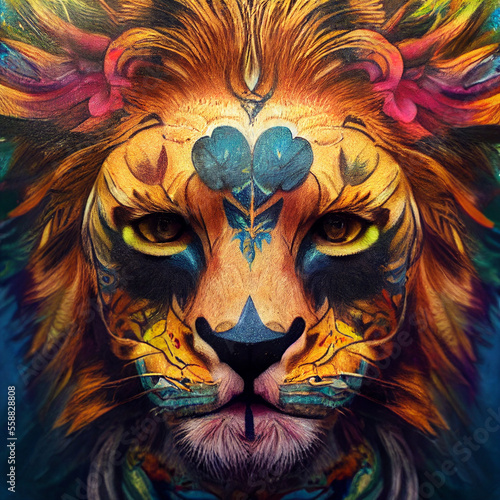 Colorful Lion Face Character Concept, Generative AI