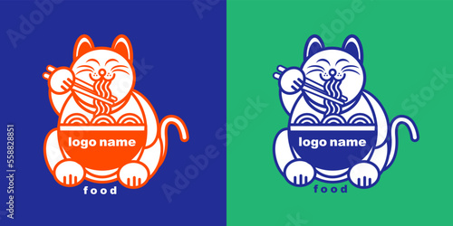 Cute cat logo animal. Food icon. Mie ramen. Illustration vector