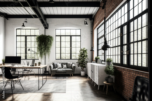 Image of a loft style office. There is a black steel structure, polished concrete floor, and white brick walls. furniture is white and furnished. There are sizable windows that allow you to view the o