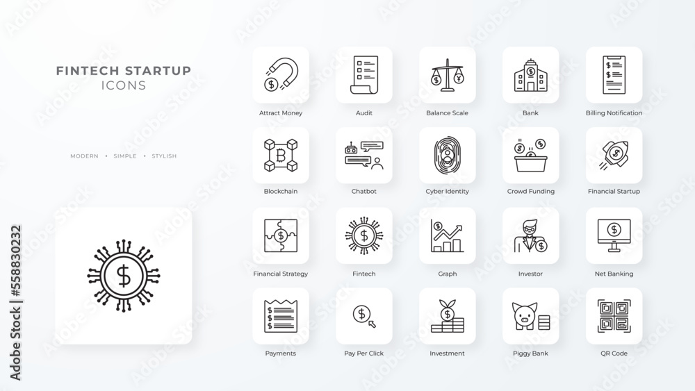 Fintech startup icon with black outline style