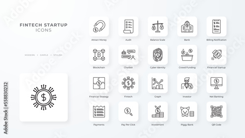 Fintech startup icon with black outline style