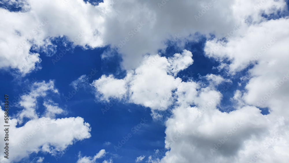Obraz premium Beautiful whimsical clouds against the blue daytime sky .Clear blue sky and white clouds. Beautiful white cloud on clear blue sky as nature concept . Clear weather for good summer season.