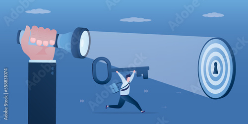 Big hand of teacher or mentor holds flashlight and illuminate right way and target for entrepreneur. Worker beginner running with key to unlock goals. Education, business assistance, support.