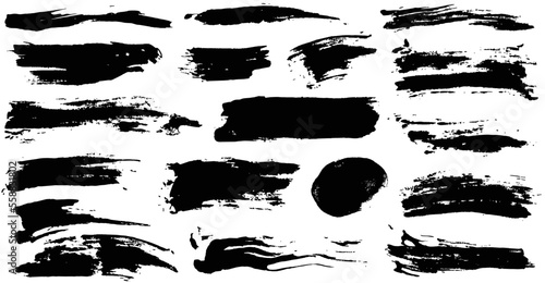 Set of black ink hand drawn brushes strokes collection, isolated on white background. Dirty artistic brush dry smears border element. Black labels, background, paint texture. Vector