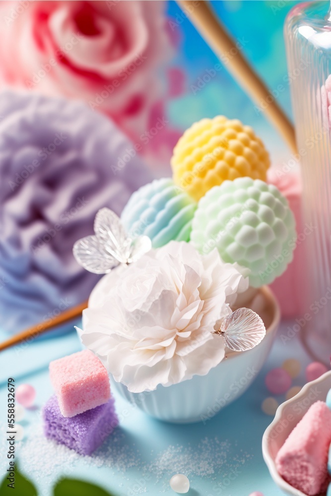 パステルカラーの造花 バスボム 雑貨のイラスト generative AI パステルカラーの造花 バスボム 雑貨のイラスト generative AI