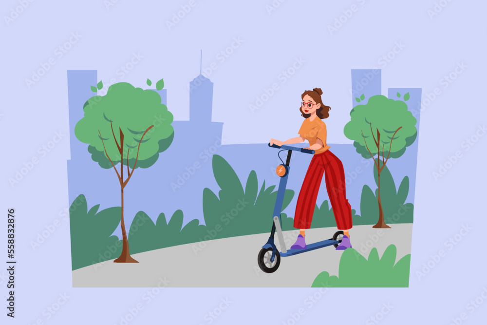 Woman riding electronic vehicle scooter