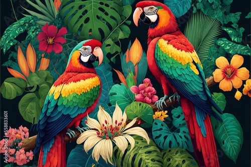 Floral vibrant exotic background with tropical flowers and plants, red parrots. Floral background. AI